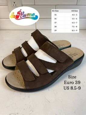 LA PLUME Doris Brown Nubuck Sandal Velcro Straps Size 39 “Like New”